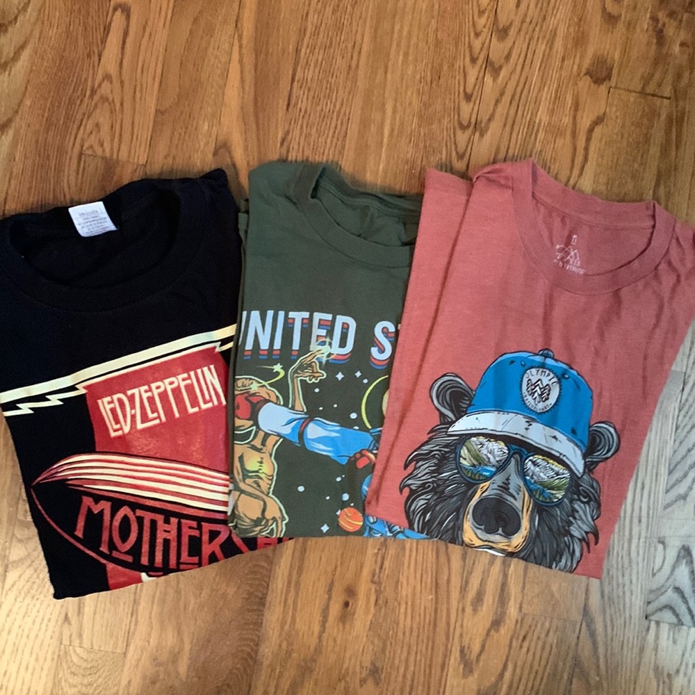 Three Men’s graphic tees. Led Zeppelin, Olympic NP and space force